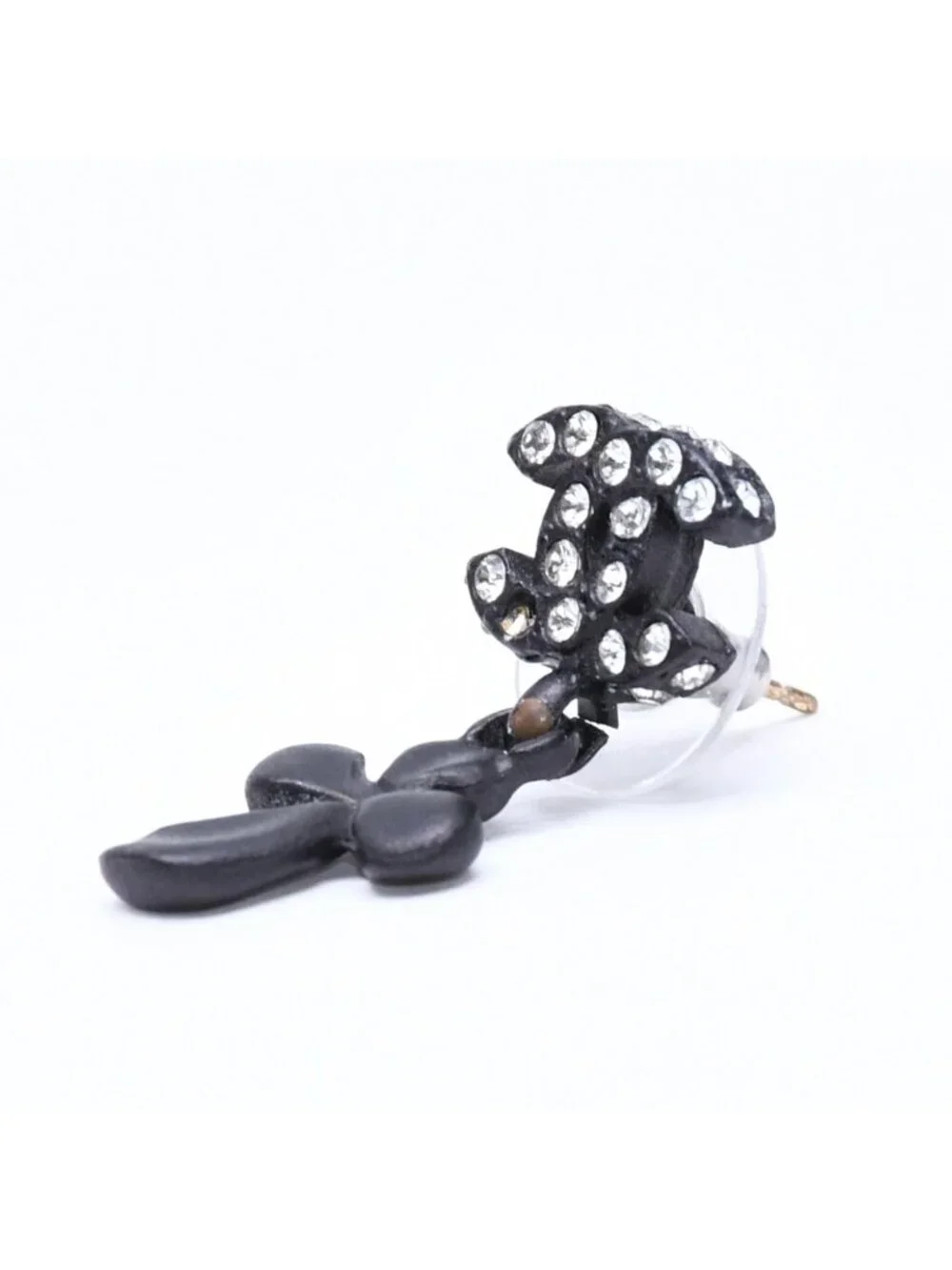 Chanel CC Logo Drop Earrings 01 Metal Rhinestone Black Clear